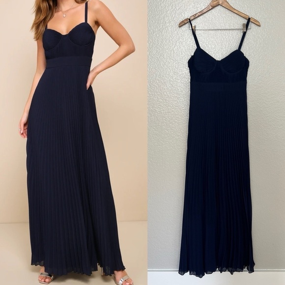 Lulus Dresses & Skirts - Certainly Lovely Navy Blue Pleated Bustier Maxi Dress